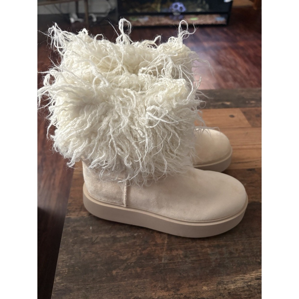 PrettyLittleThing Cream Faux Suede Faux Fur Trim Platform Ankle Boots NEW US 7